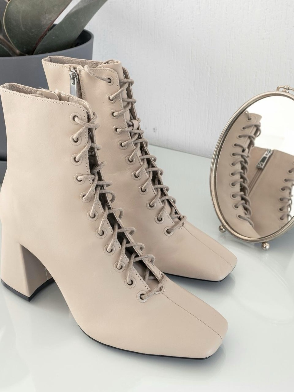 Zara Lace-Up Square Toe Block Heel Ankle Boots - Beige